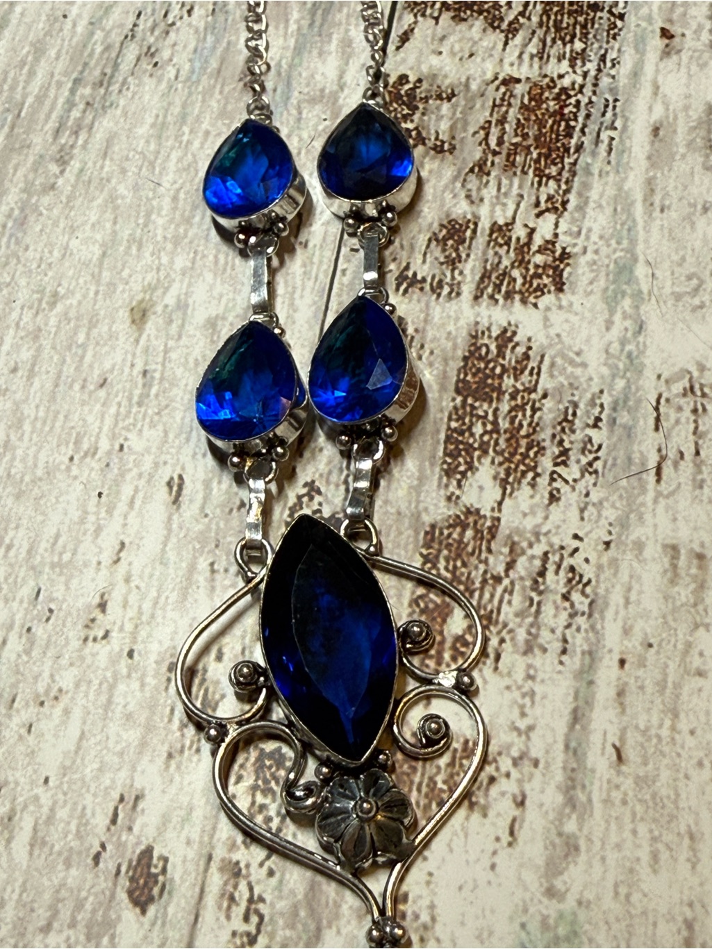Blue Tanzanite Teardrop And Marquise Pendant Necklace - Silver Women Jewelry